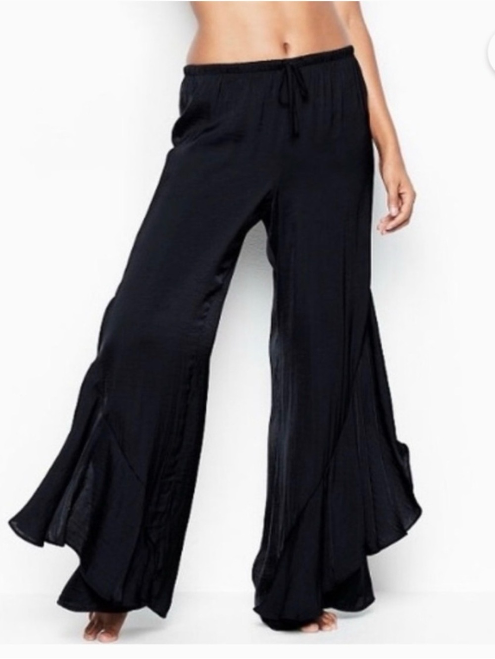 VS Ruffle Flounce Satin Silky Pants Wide Leg Flare Black Pant Size S new w/o tag
